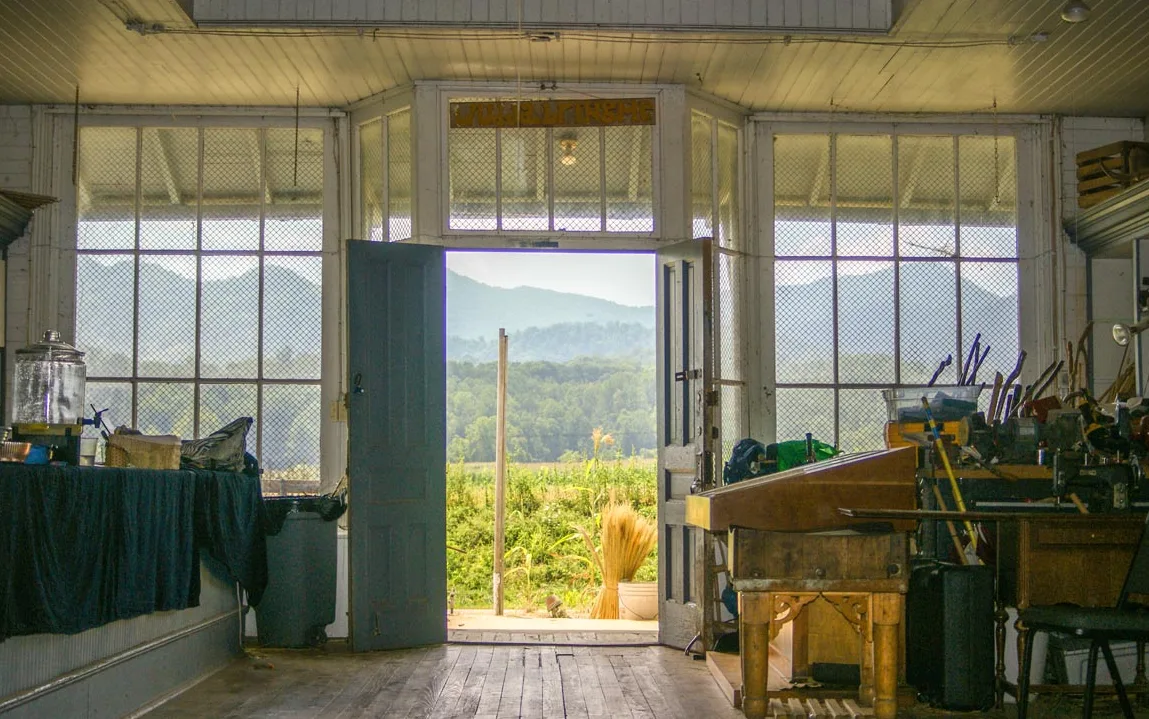 The broom workshop, looking out to the mountains